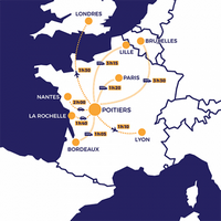 Carte de Poitiers avec les connections des transports depuis les grandes villes