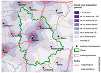 Carte de Poitiers et du département de la Vienne avec la densité de population lissée, les routes principales et les routes secondaires