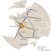 Carte de Poitiers en France avec les liaisons depuis les grandes villes