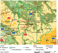 Carte de Poitiers avec la limite du département, les fleuves, les voies ferrées, les routes et l'aéroport