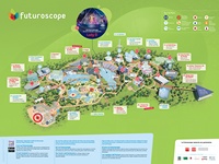Grand plan du parc du Futuroscope avec les attractions, les restaurants, les bars et les toilettes