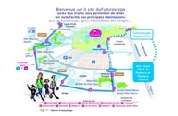 Plan du site du Futuroscope de Poitiers avec les gares, les hôtels, le palais des congrès et les accès en bus, train ou voiture