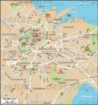 Carte de Tallinn avec le centre, les rues, le nom des quartiers, les bâtiments importants et l'échelle