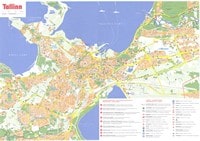 Grande carte de Tallinn avec des informations touristiques, l'aéroport, les parkings, les hôtels, les théâtres, les bus, les trains, les trams et les postes de police